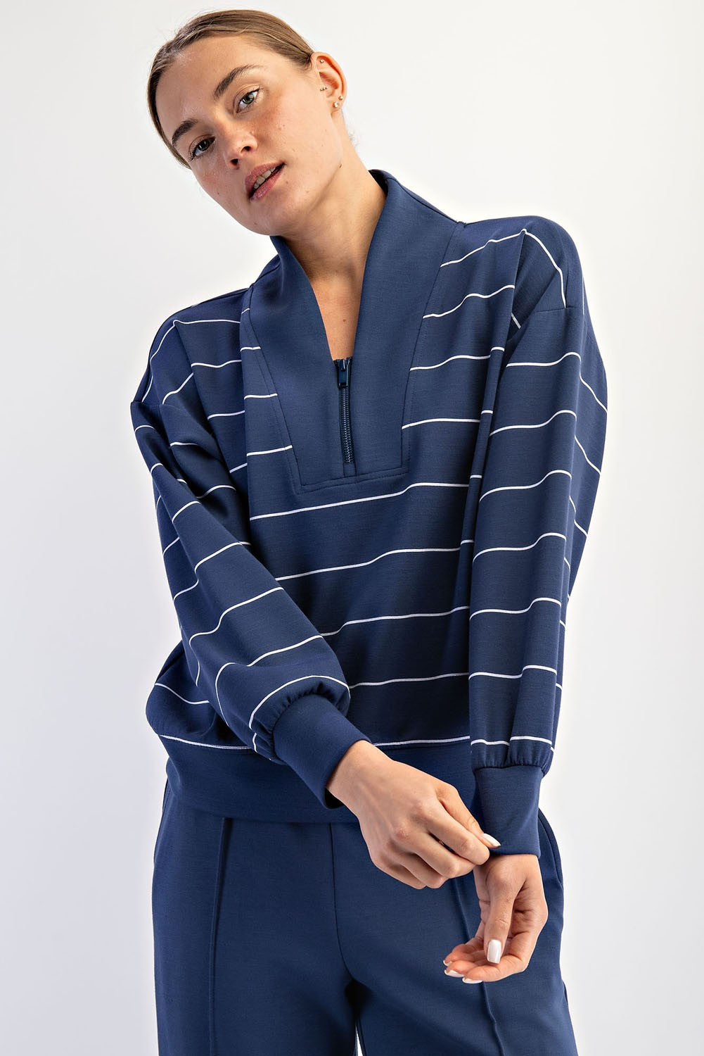 Modal Scuba Stripe V-neck Zipper Top