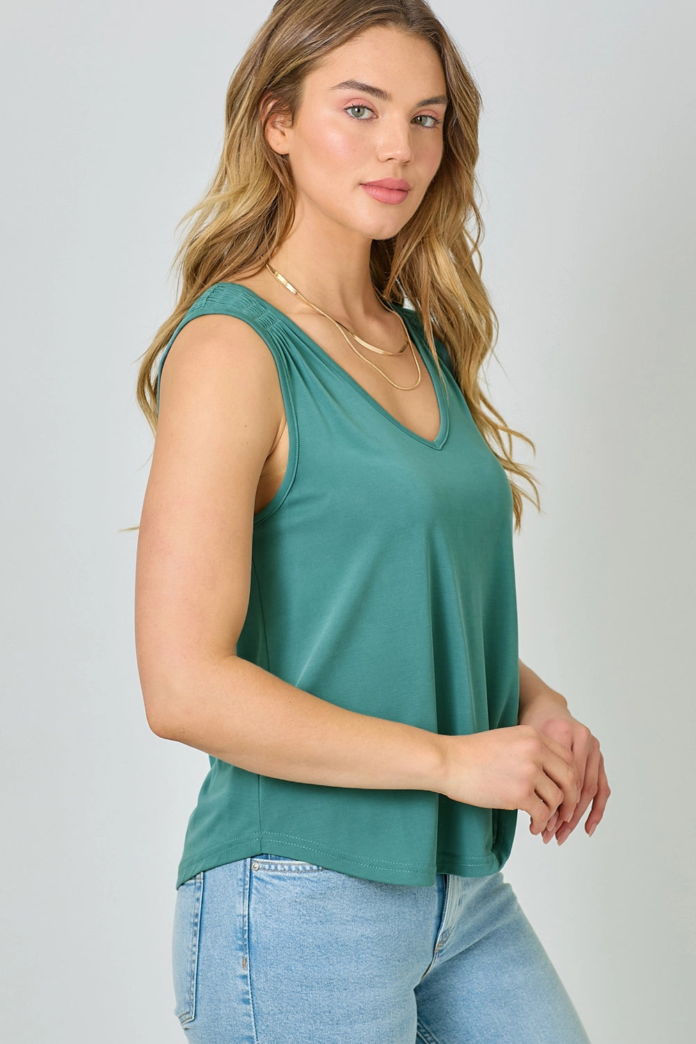 Cupro Modal Smocked Shoulder Tank - Emerald