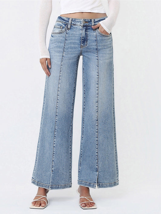 Mid Rise Seam Detail W Front Slit Hem Wide Jeans