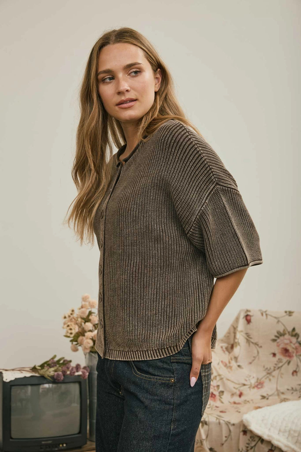 Washed Ribbed Short Sleeve Cardigan - Brown