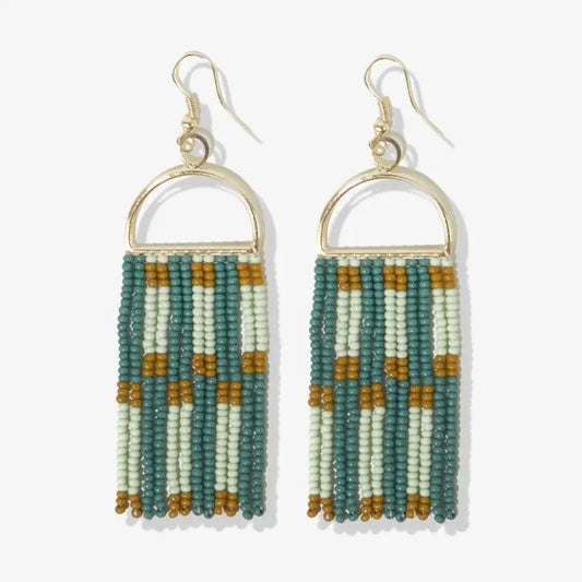 Allison Check Stripe Beaded Fringe Earrings Green