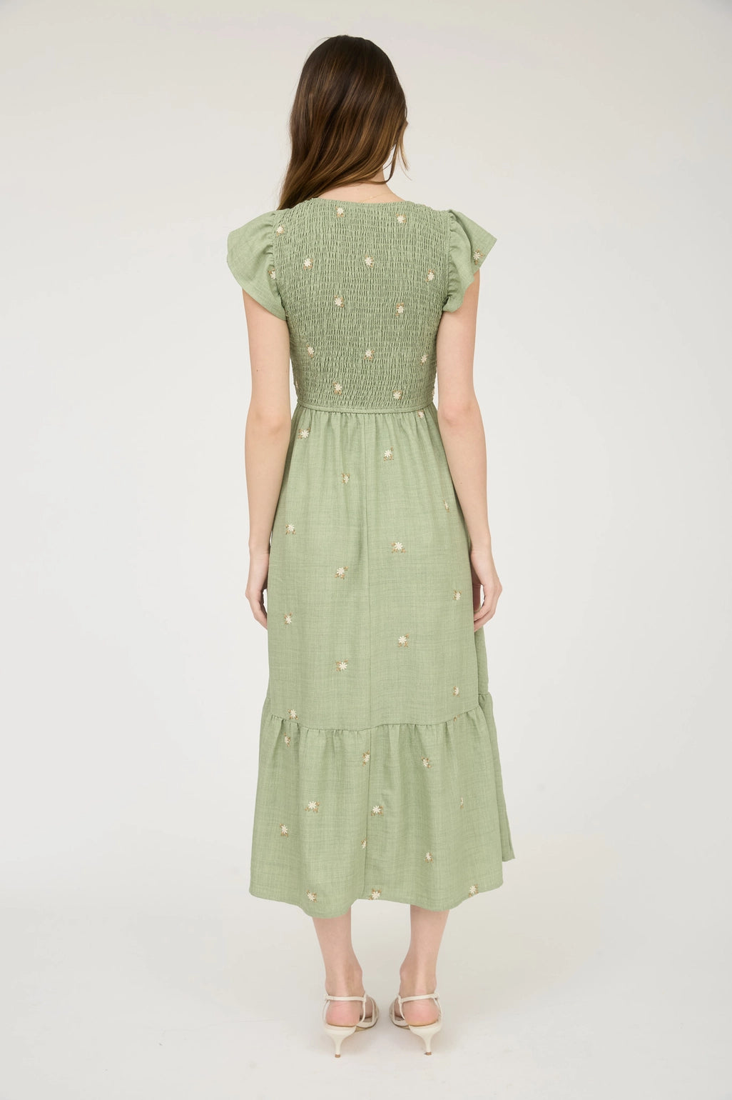Embroidered Flower Smocked Ruffle Midi Dress