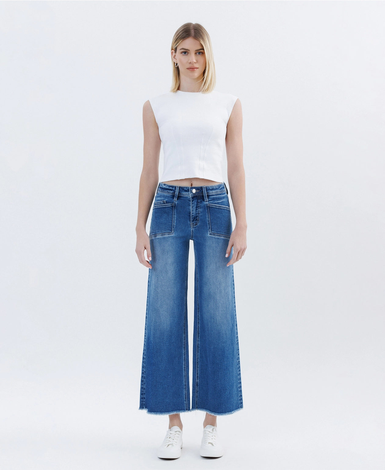 High Rise Raw Hem Ankle Wide Leg Jeans