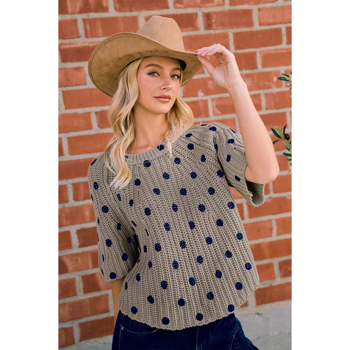 Flared Sleeves Polka Dots Printed Chunky Sweater Top