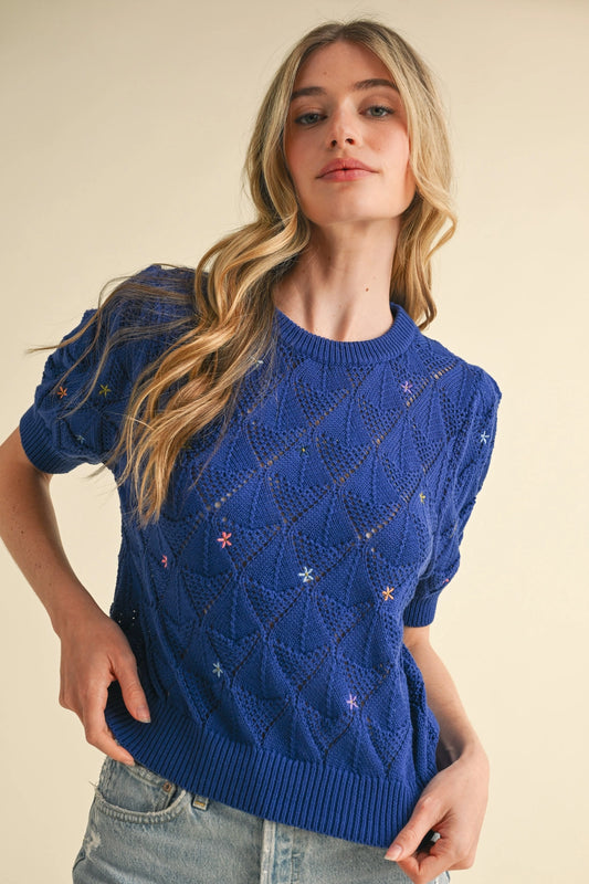 Pointelle Knit Sweater with Floral Embroidery