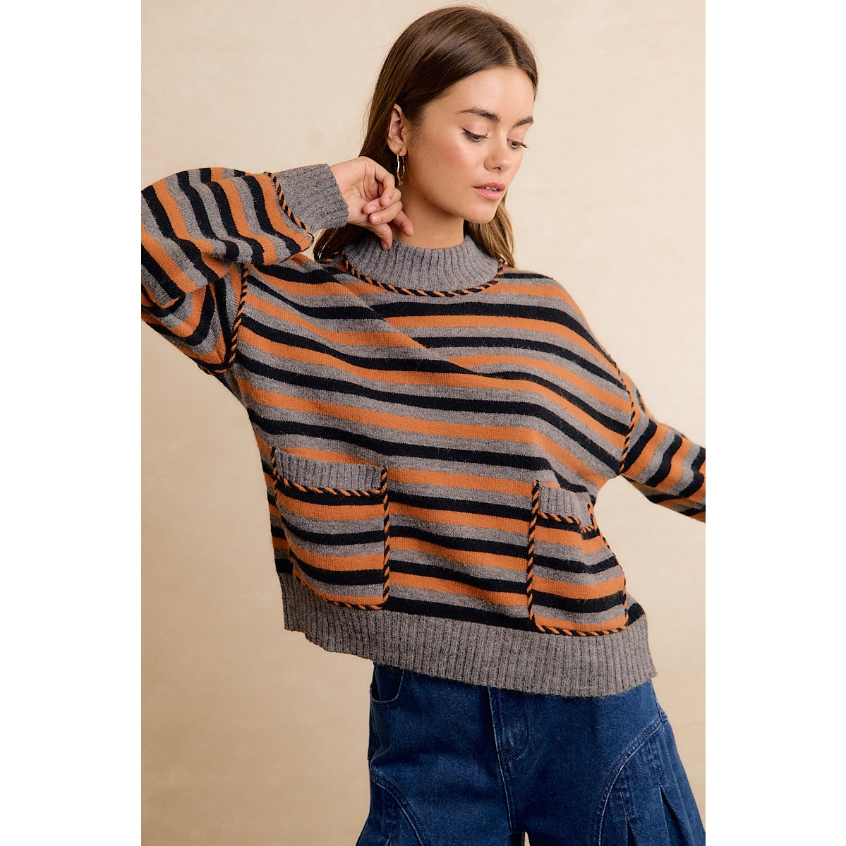 Halloween Striped Mock Neck Pocket Sweater