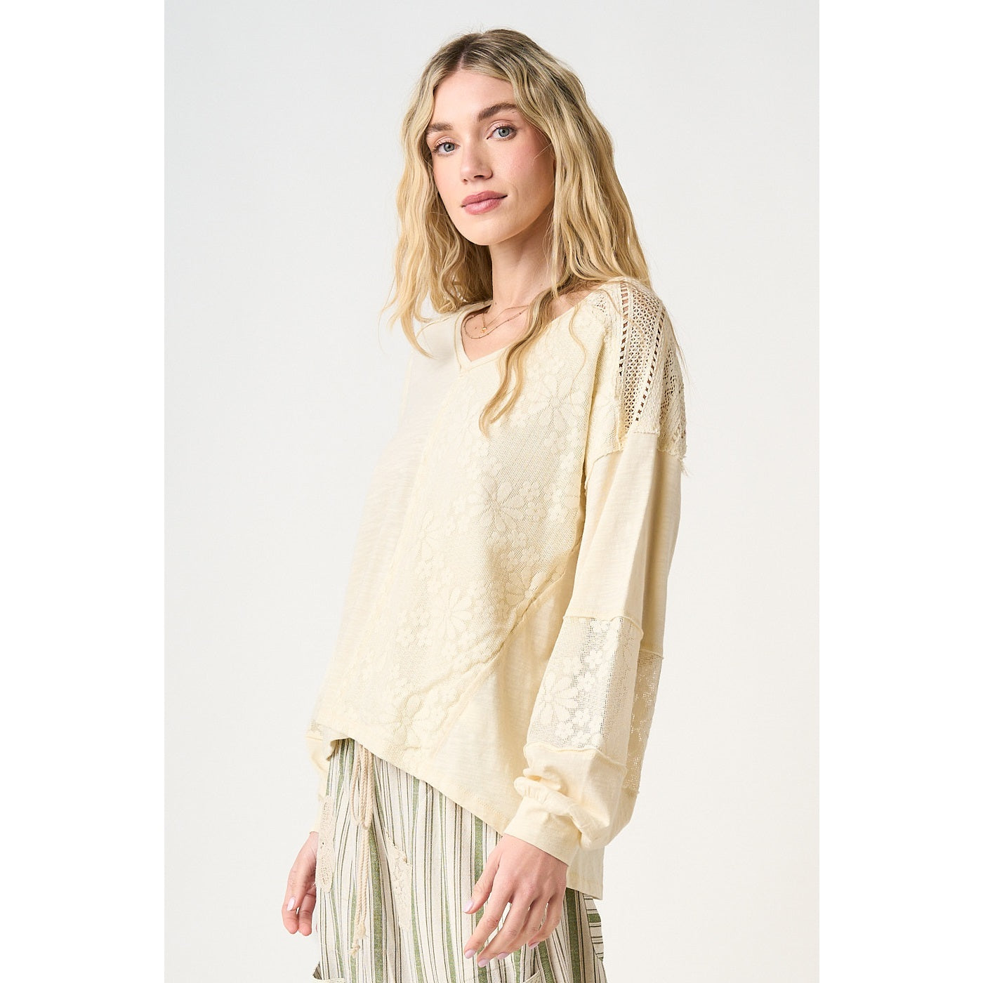 Mix Media Floral Lace Oversized Long Sleeve Top