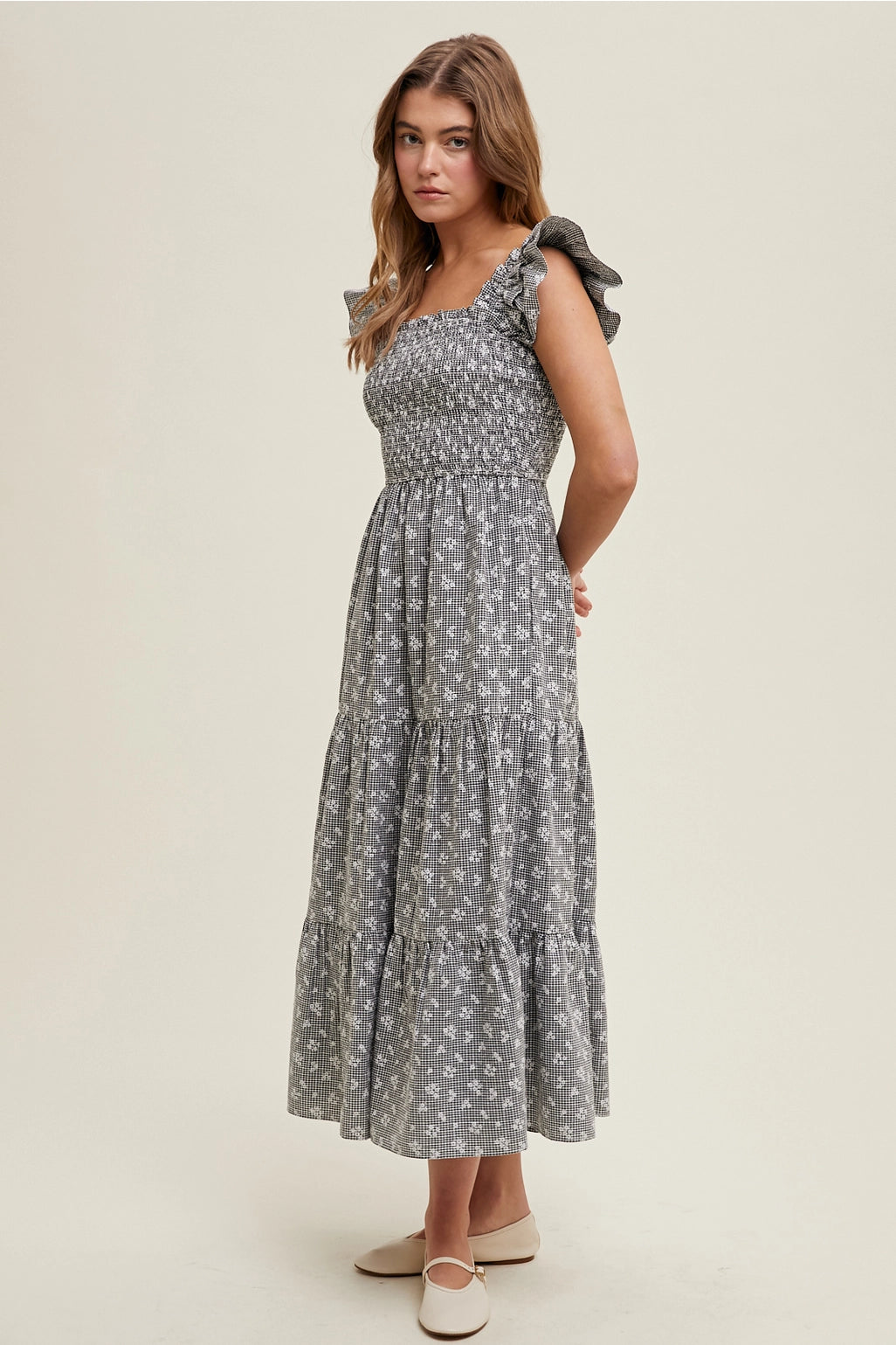 Checkered Floral Midi Dress