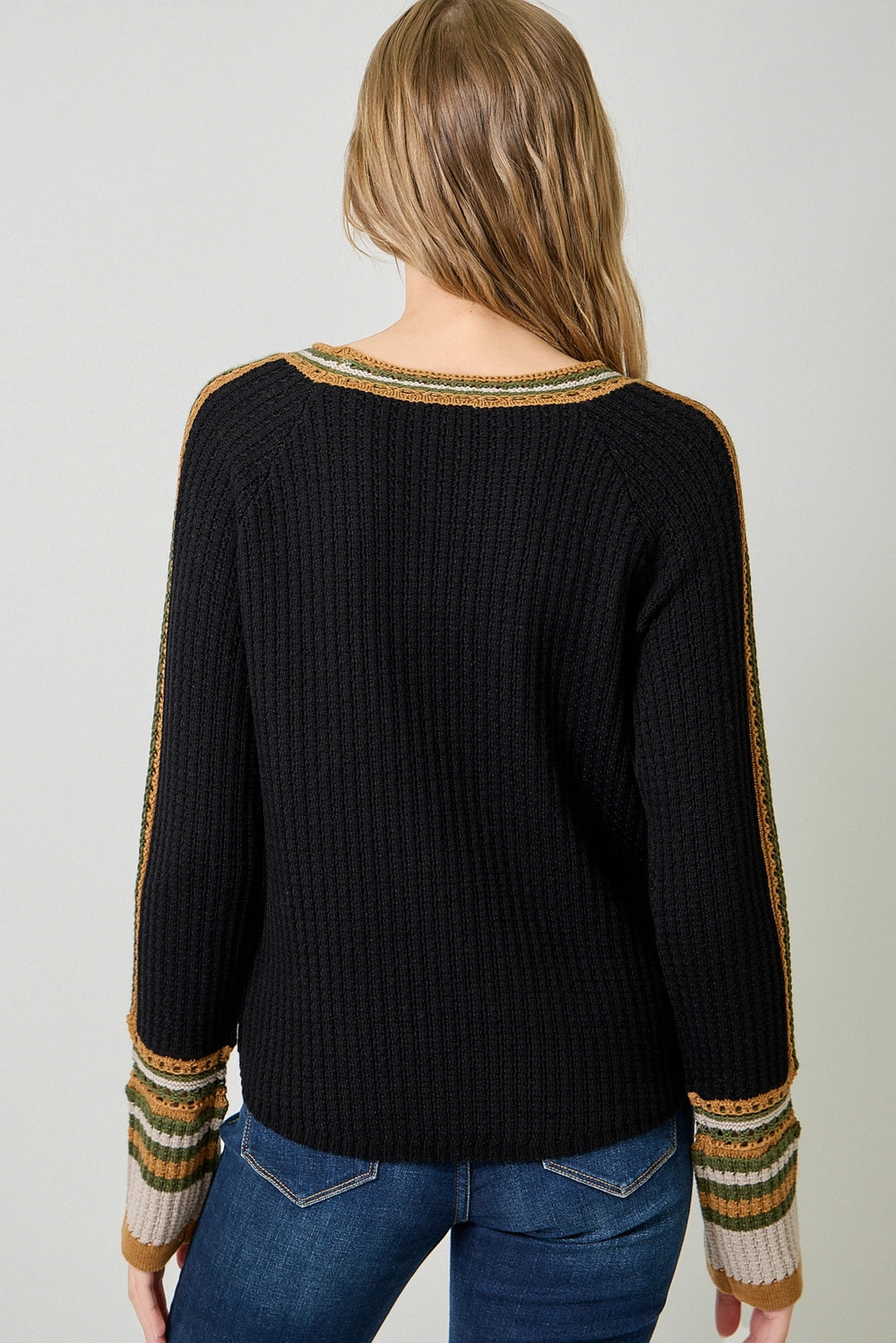 Raglan Sleeve Trim Detail Sweater Top - Black