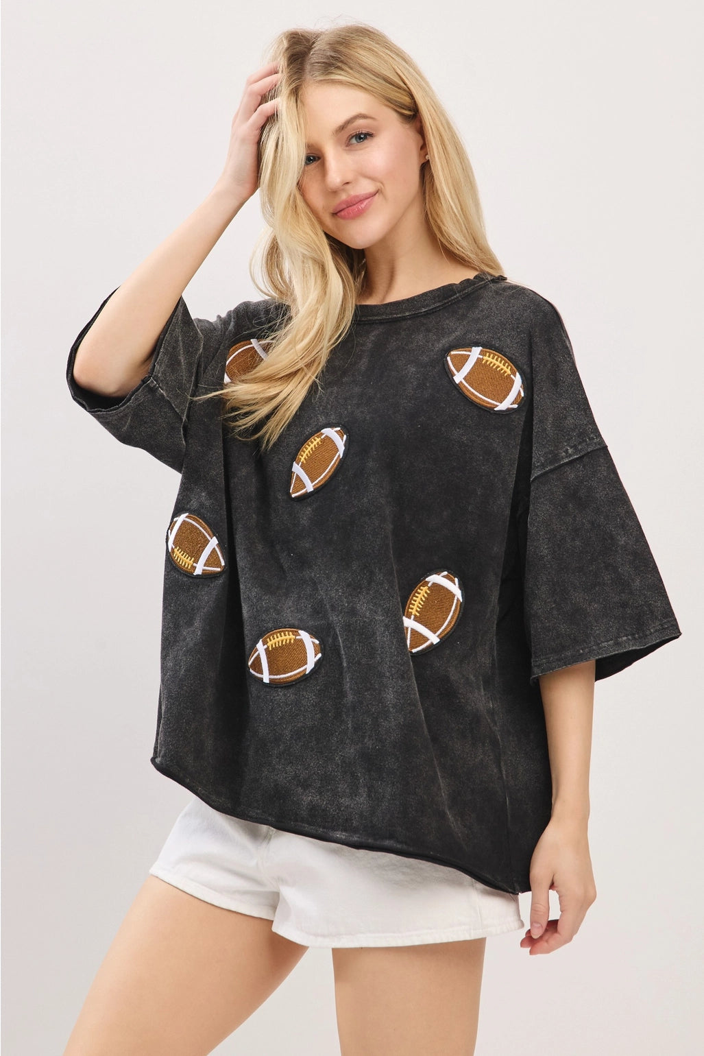 Vintage Football Patch Game day Oversized Tee - Black