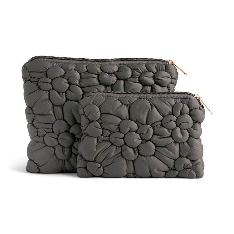 Charcoal Quilted Flower Zip Pouch