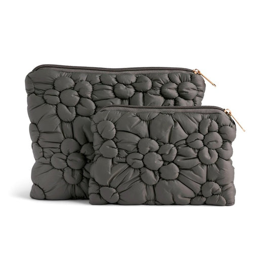 Charcoal Quilted Flower Zip Pouch