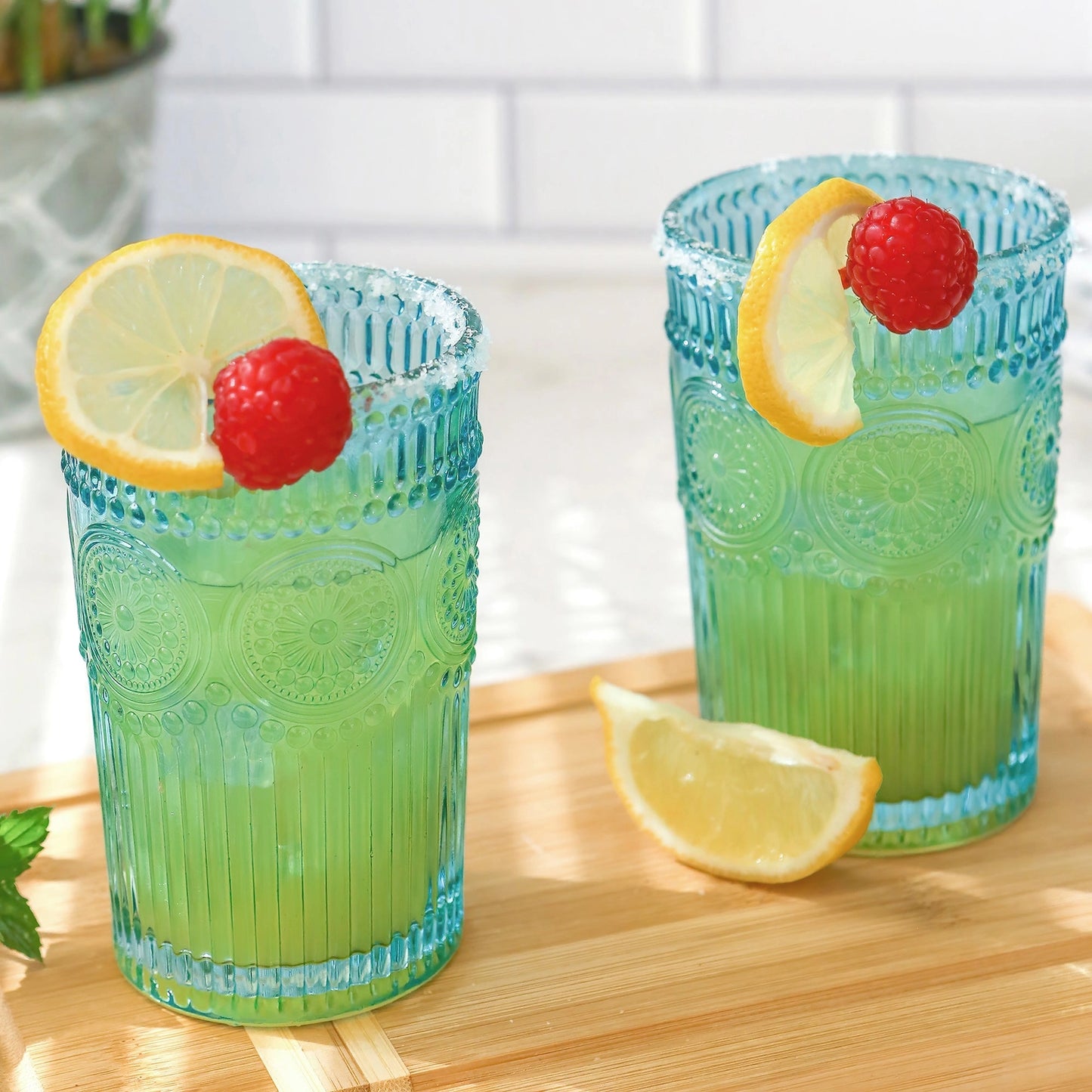 13 oz. Vintage Textured Aqua Blue Drinking Glasses