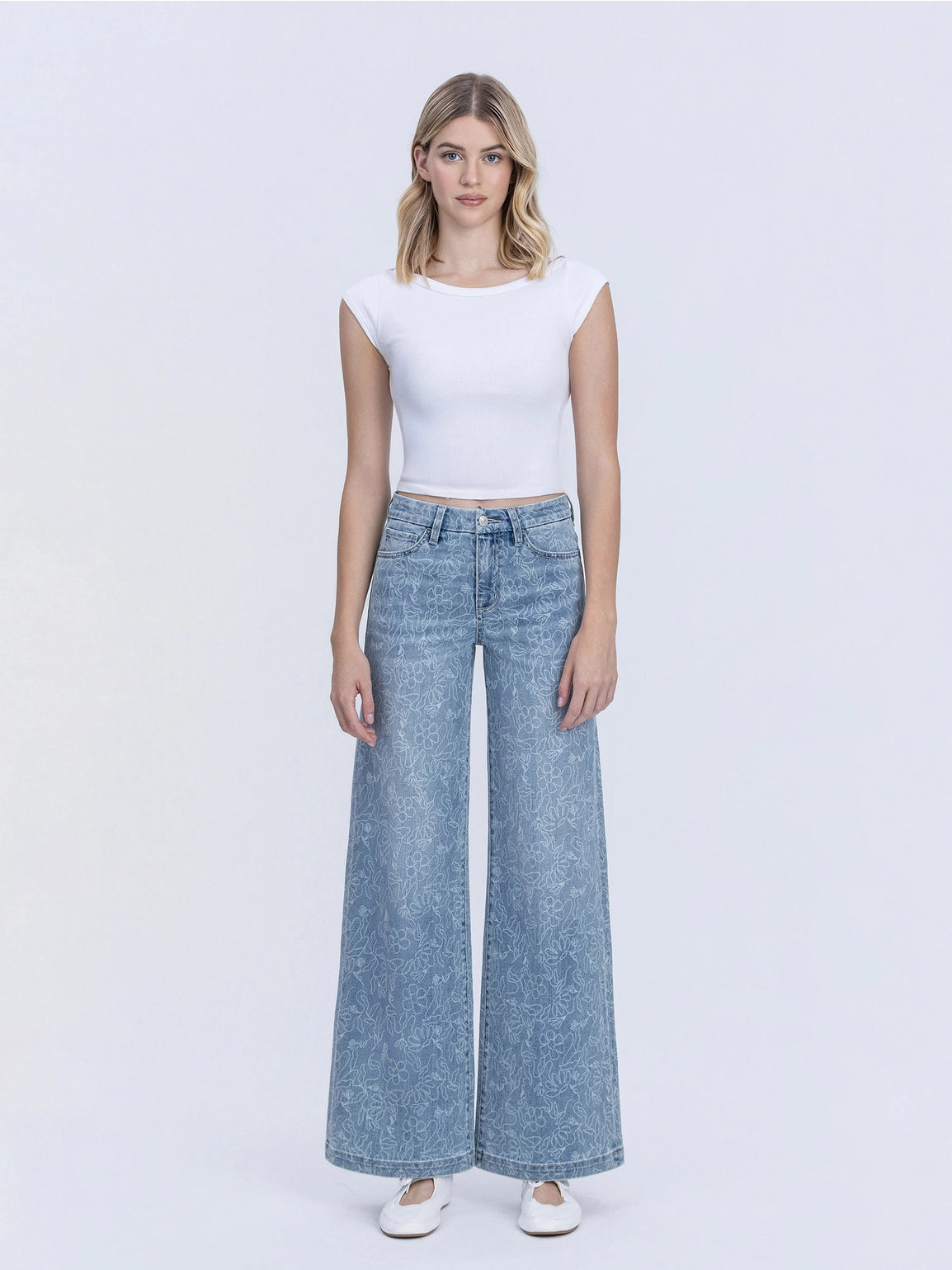 High Rise Medium Light Floral Print Wide Leg Jeans