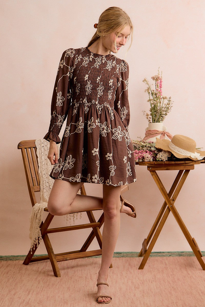 Floral Smocked Bodice Long Sleeves Dress