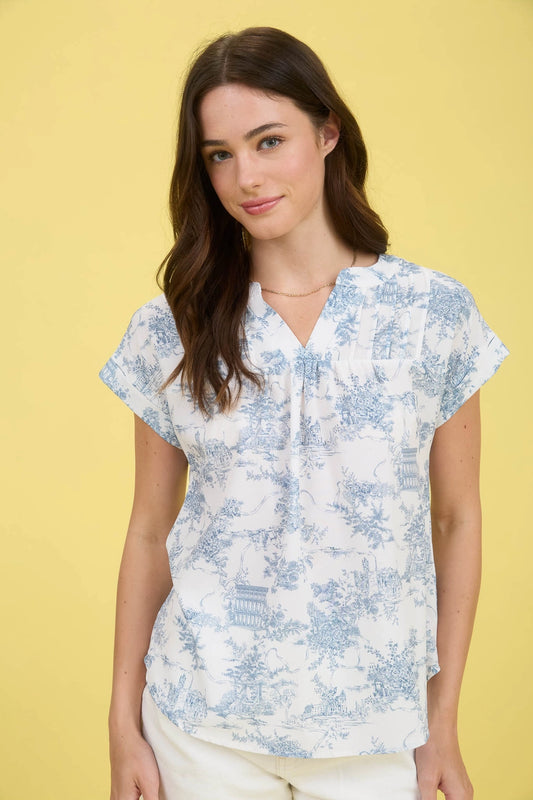 Toile Print Yoke Detail Short Sleeve Top
