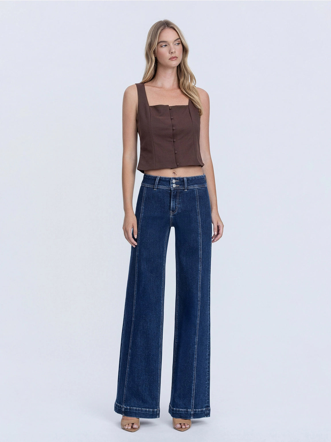 High Rise Front Seam Detailed Dark Wide Leg Jeans