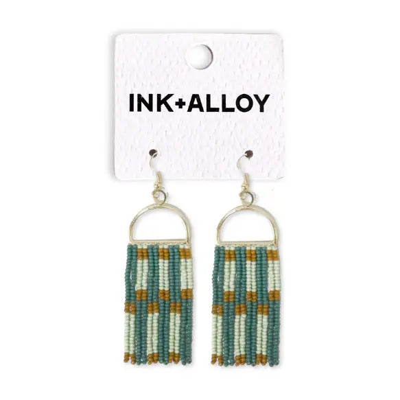 Allison Check Stripe Beaded Fringe Earrings Green