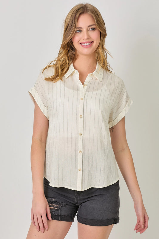 Rolled Up Sleeve Stripe Top - Ivory
