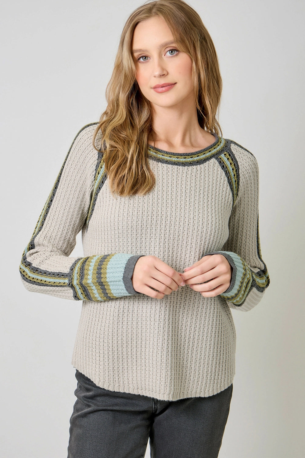 Raglan Sleeve Trim Detail Sweater Top - Stone