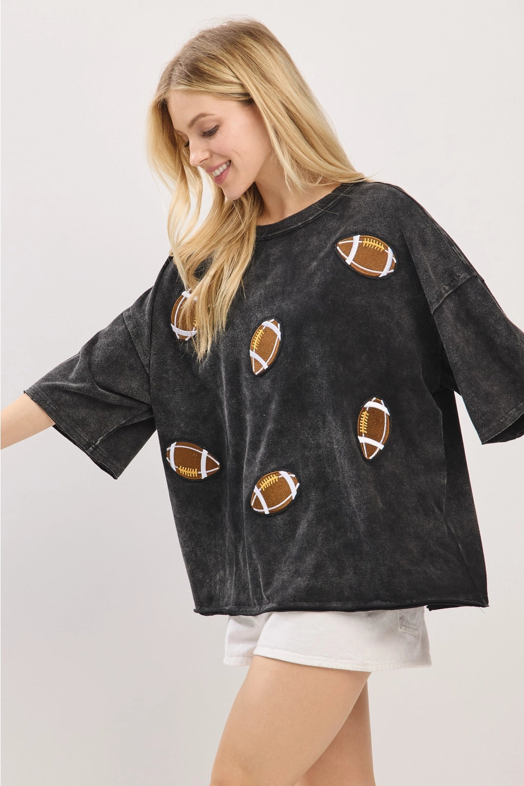 Vintage Football Patch Game day Oversized Tee - Black