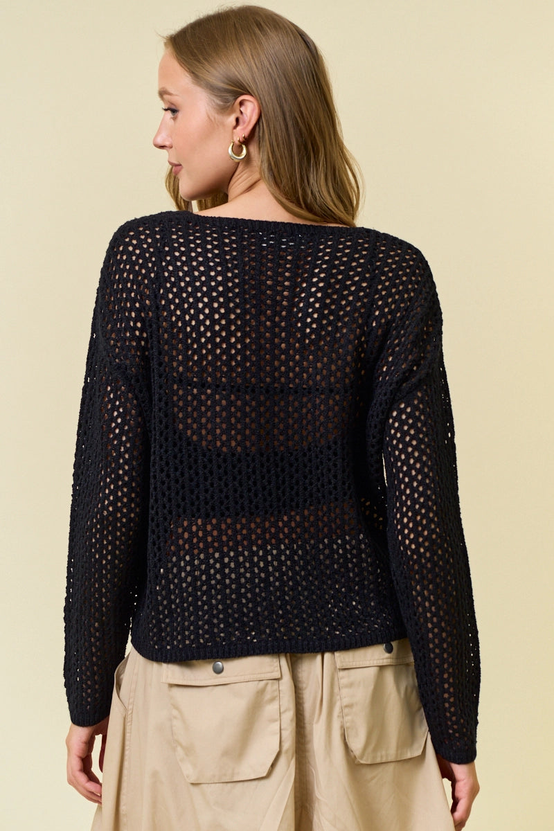 Split V-Neck Long Sleeve Knit Sweater - Black