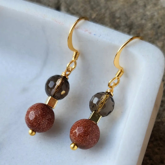 Round Goldstone and Smoky Quartz Earrings