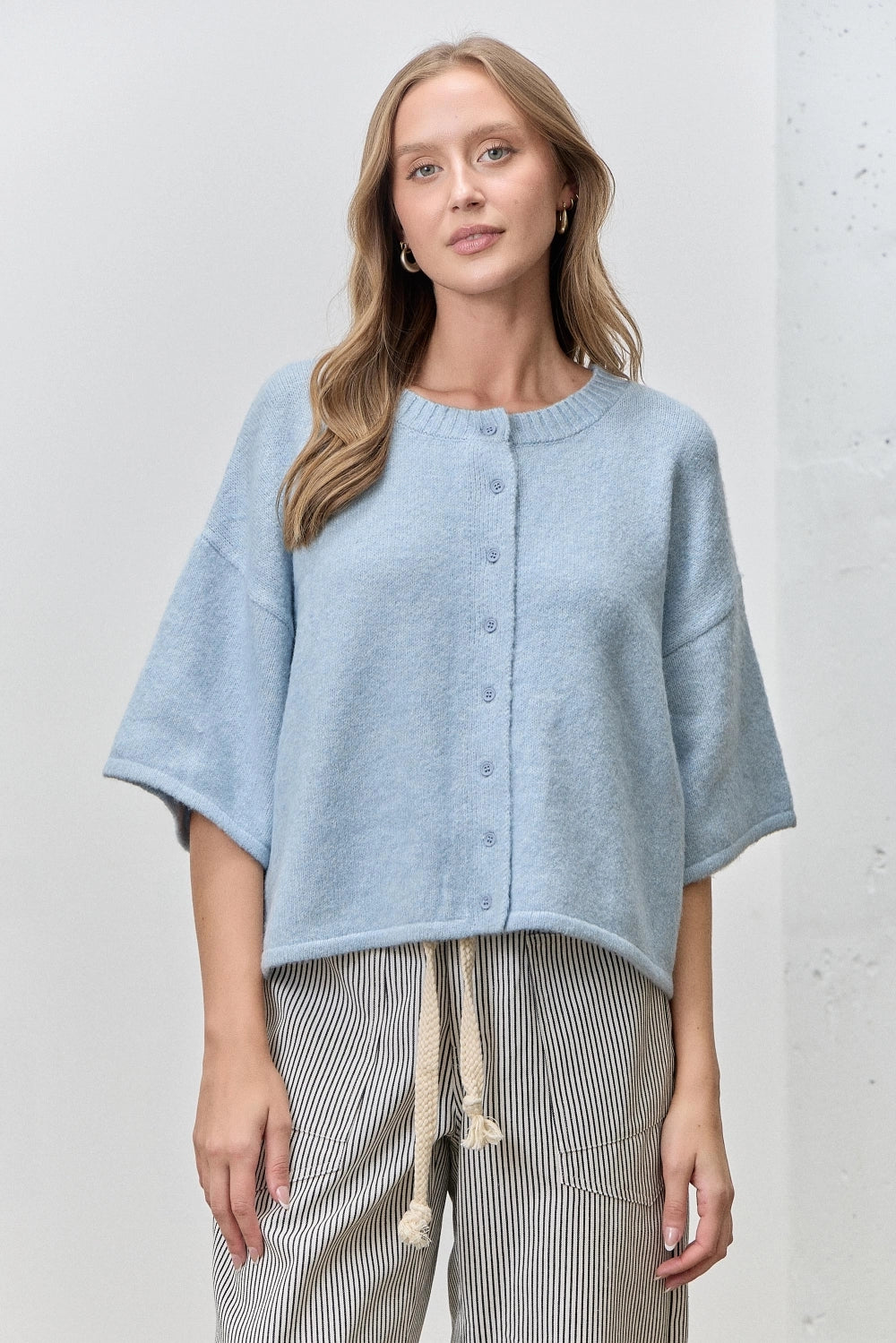 Button Up Short Sleeve Knit Cardigan - Blue