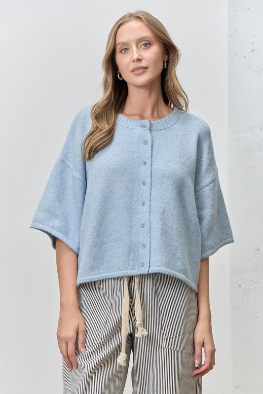 Button Up Short Sleeve Knit Cardigan - Blue