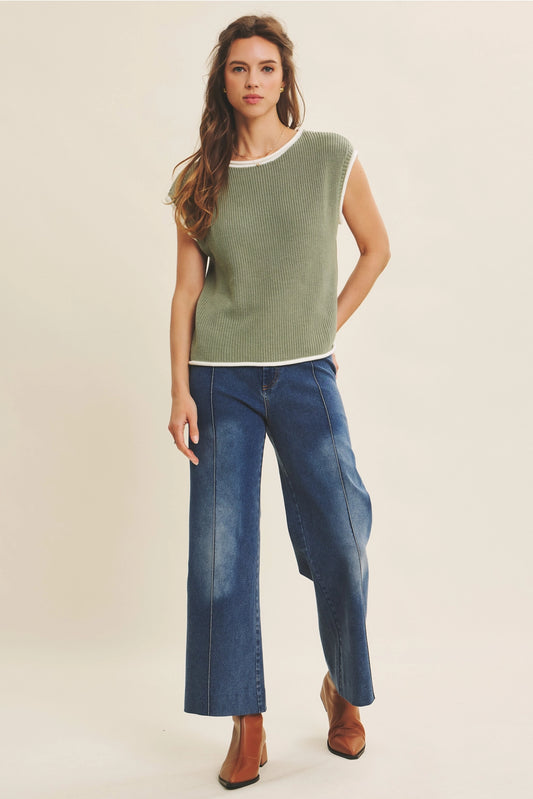 Contrast Rolled Edge Knitted Sweater Vest with Round Neck - Green