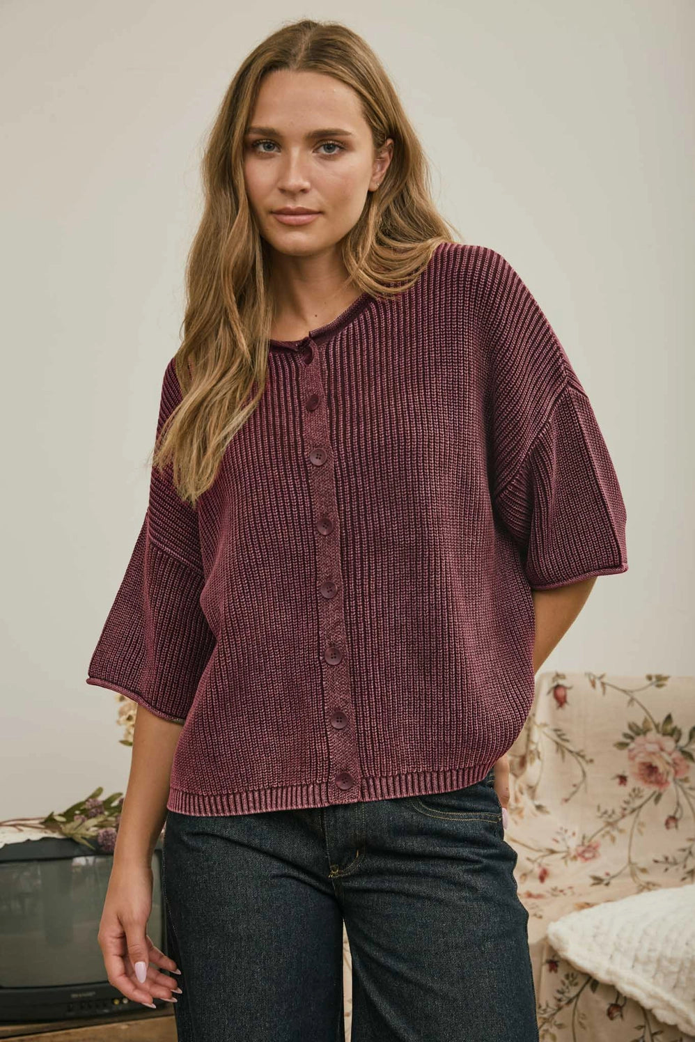 Washed Ribbed Short Sleeve Cardigan - Burgundy