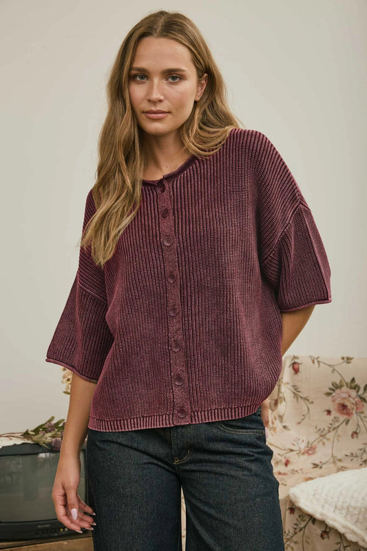 Washed Ribbed Short Sleeve Cardigan - Burgundy