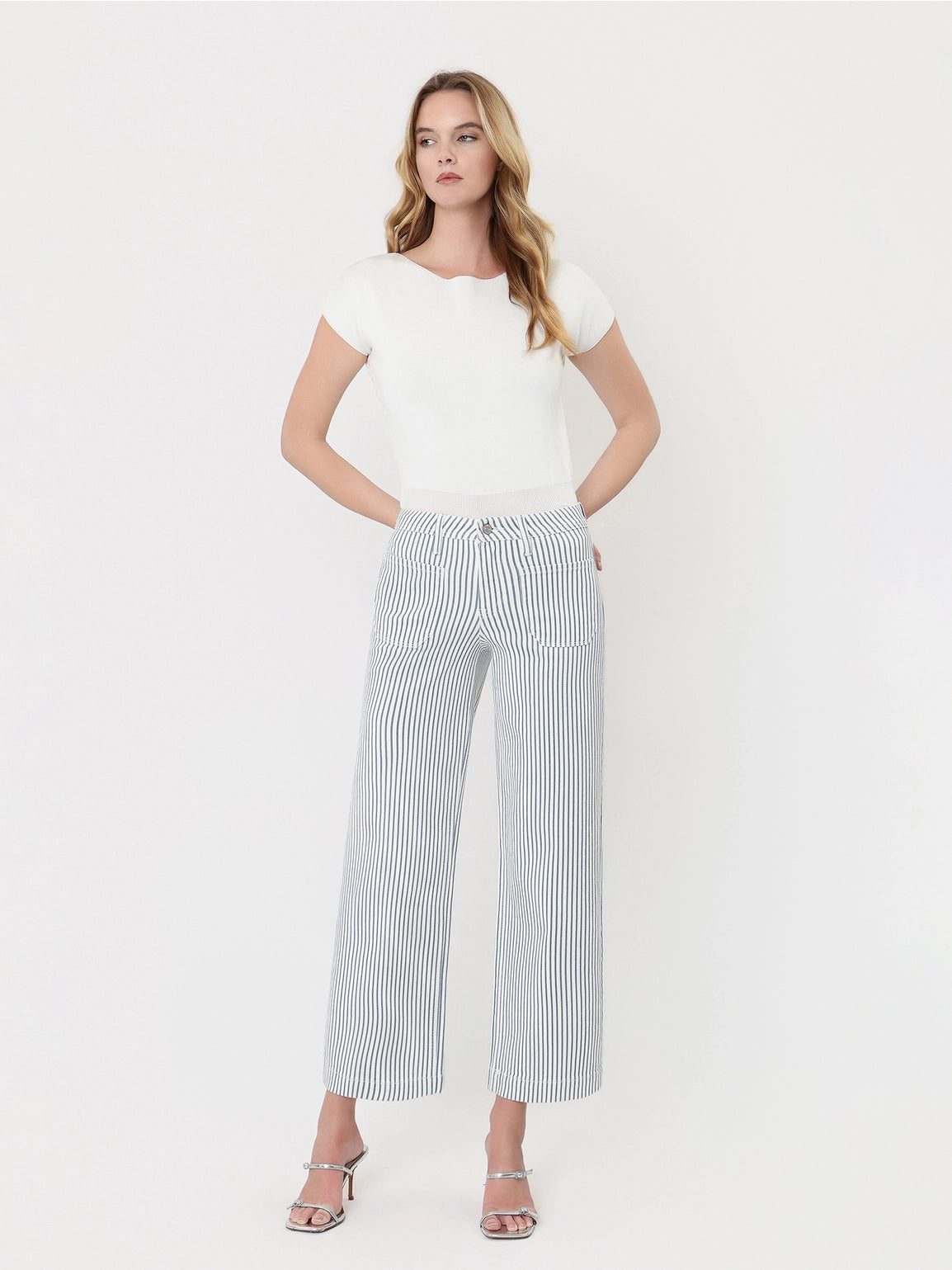 High Rise Patch Pocket Crop Striped Wide Leg Jeans