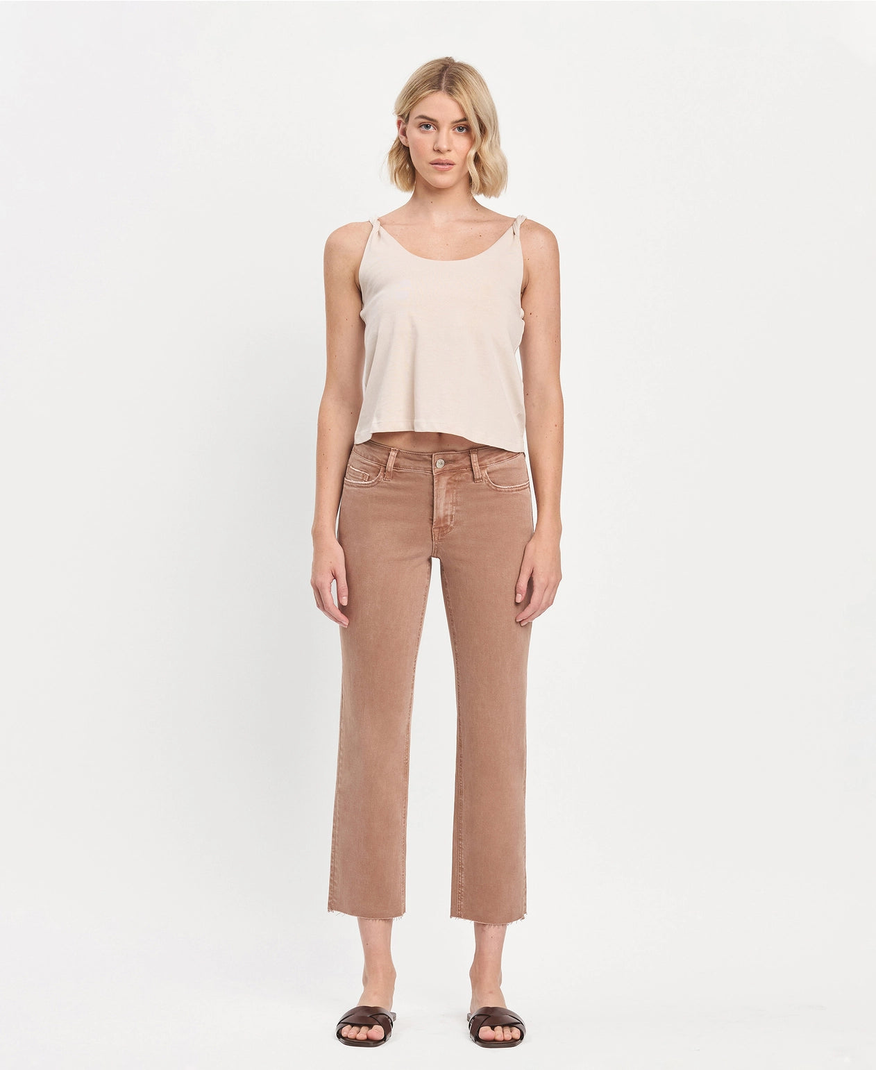 Mid Rise Crop Raw Hem Straight Jeans