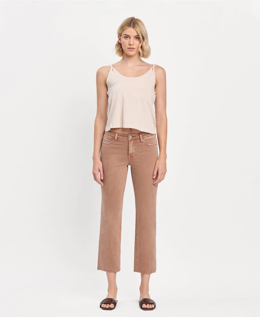 Mid Rise Crop Raw Hem Straight Jeans