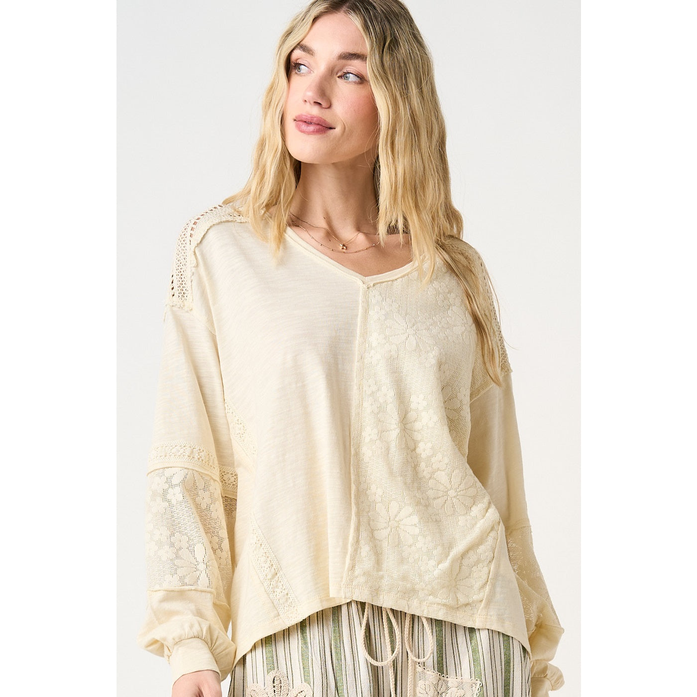 Mix Media Floral Lace Oversized Long Sleeve Top