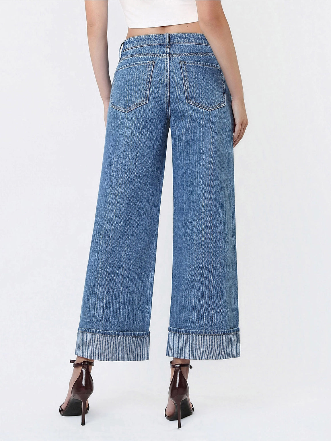 High Rise Cuffed Jacquard Stripe Crop Wide Jeans
