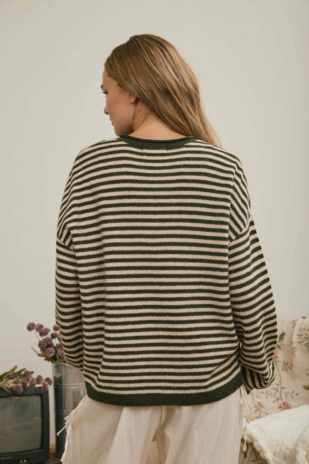Button Henley Stripe Long Sleeve Sweater - Olive