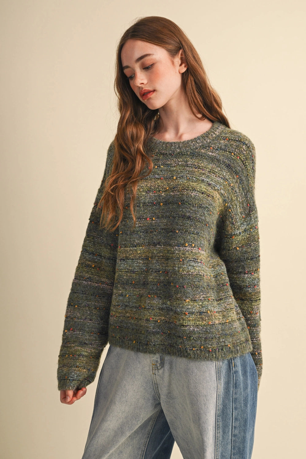 Speckled Knit Striped Sweater Pullover