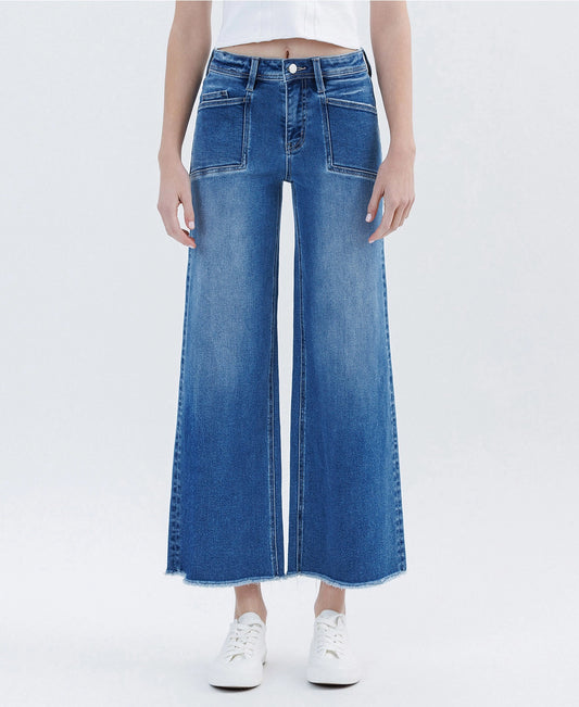 High Rise Raw Hem Ankle Wide Leg Jeans