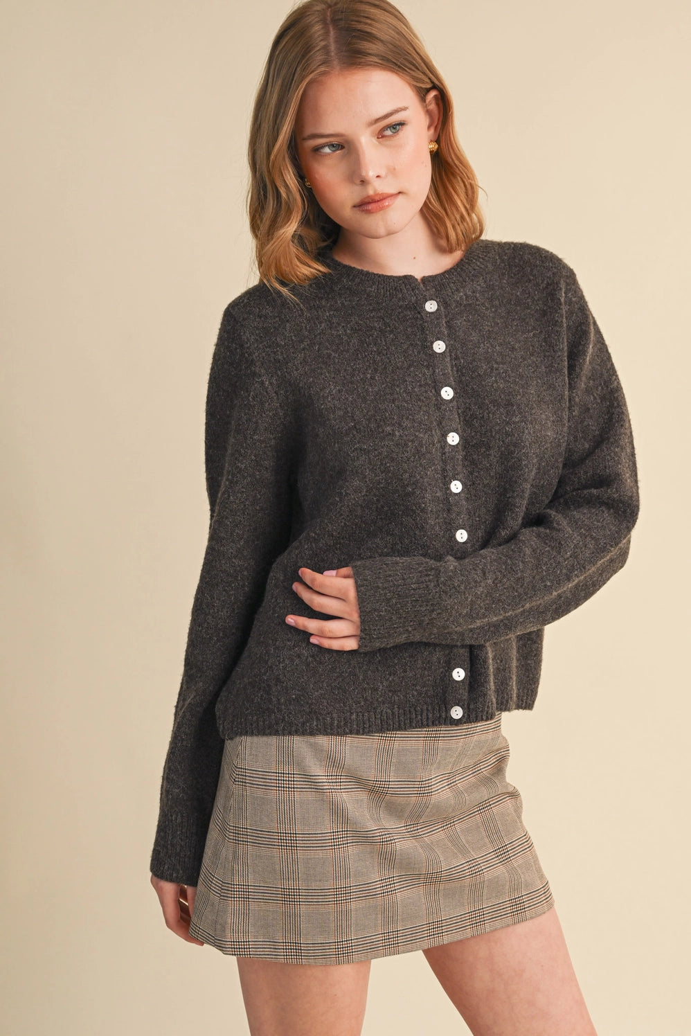 Marled Knit Sweater Cardigan - Coco Brown