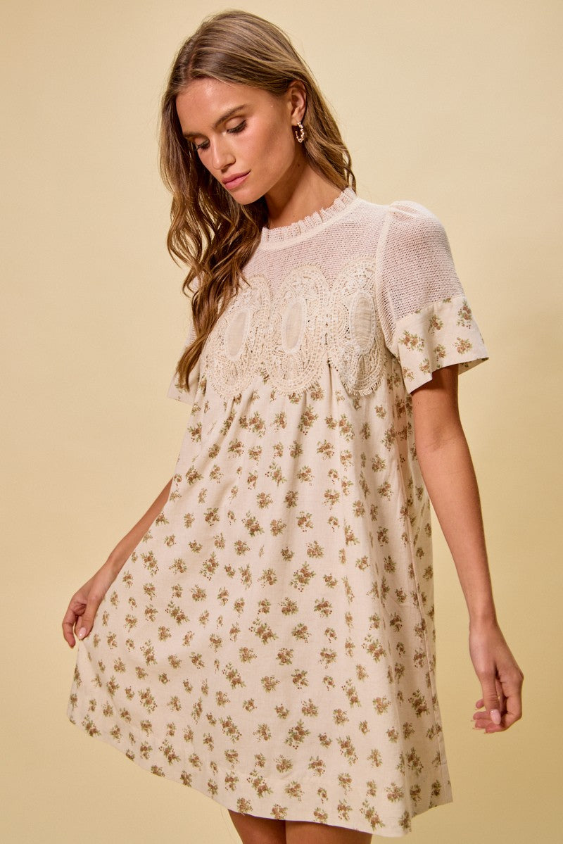 Floral Print Lace Trim Dress
