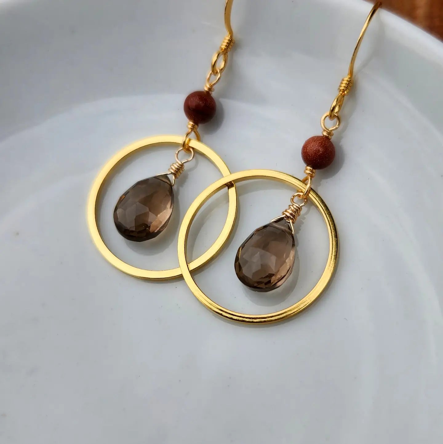Smoky Quartz and Goldstone Gold Circle Earrings