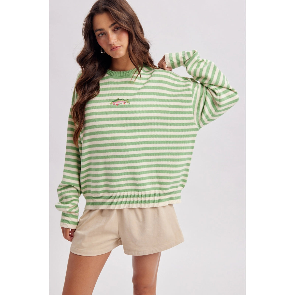 Striped Fish Coastal Graphic Sweater - Green