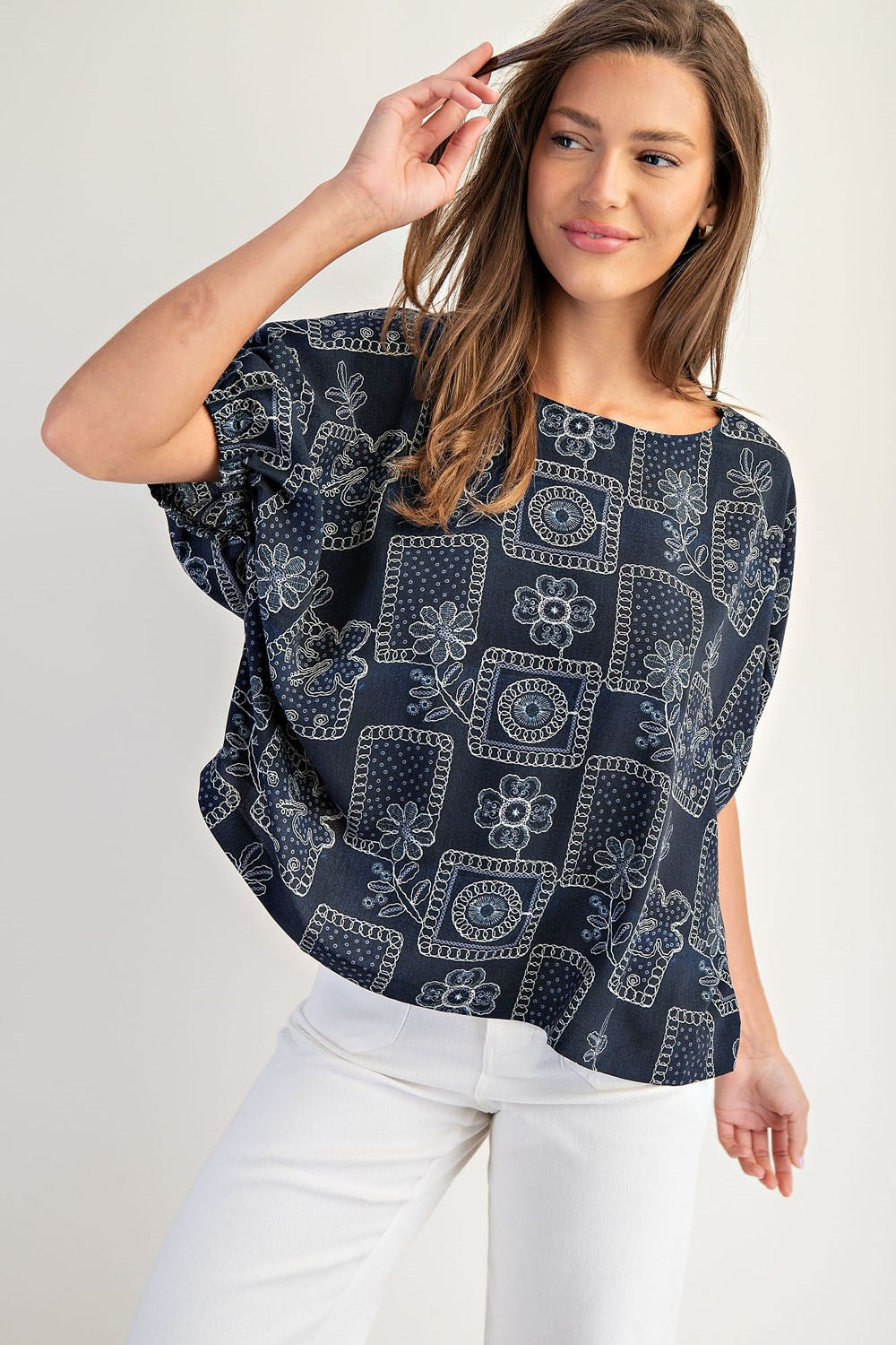Floral Patchwork Printed Dolman Sleeve Top