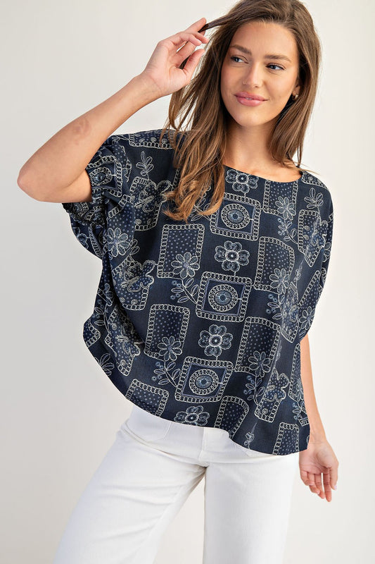 Floral Patchwork Printed Dolman Sleeve Top