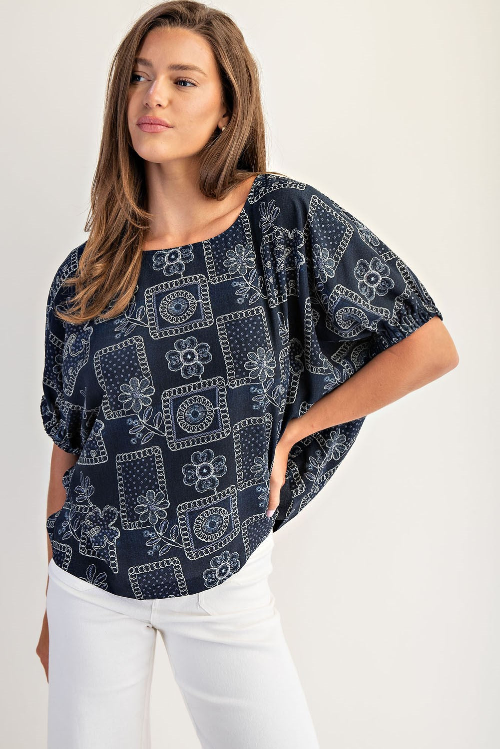 Floral Patchwork Printed Dolman Sleeve Top