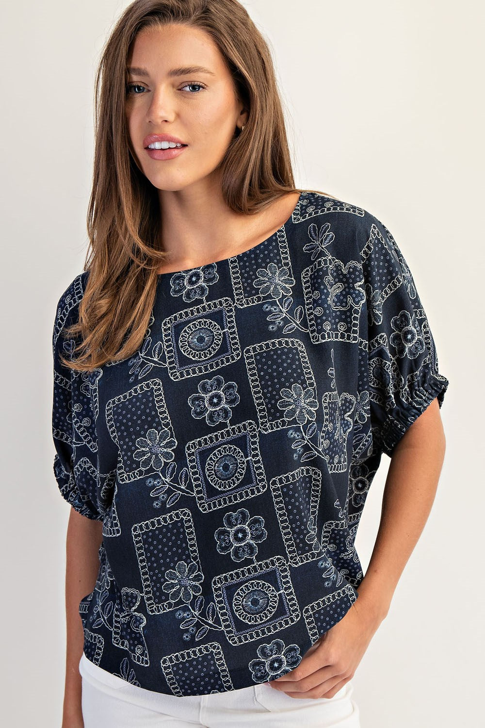 Floral Patchwork Printed Dolman Sleeve Top