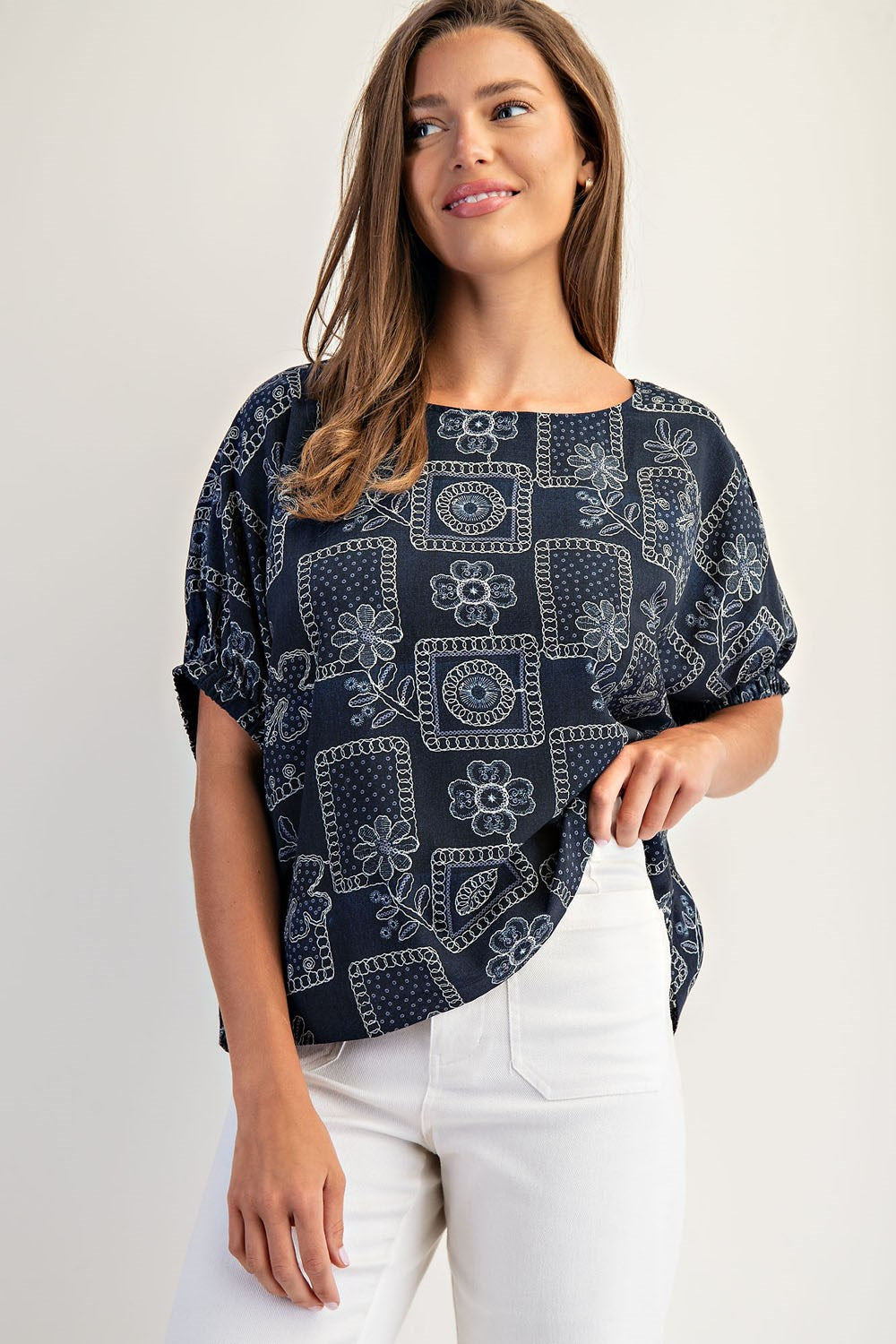 Floral Patchwork Printed Dolman Sleeve Top