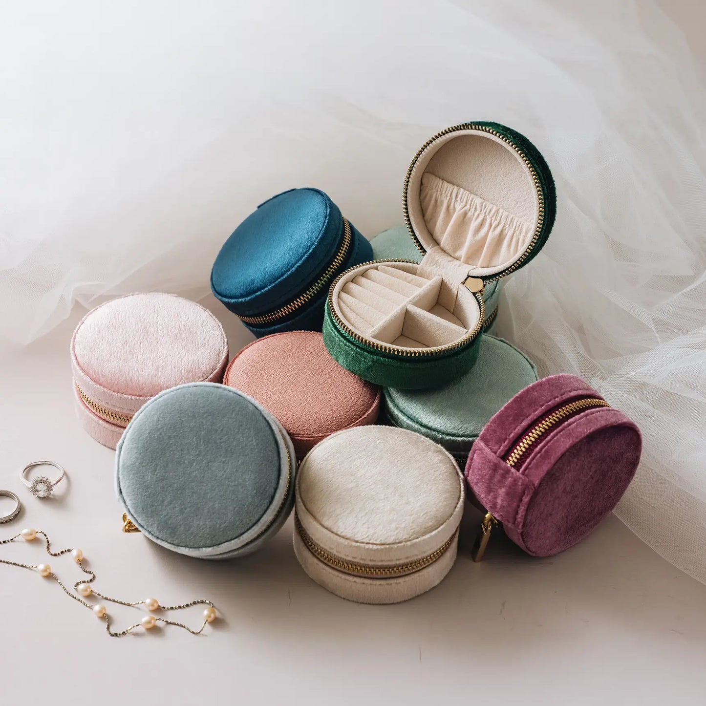 Round Velvet Jewelry Box Case - 8 Colors